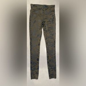 SPANX dark green camo leggings with shine.